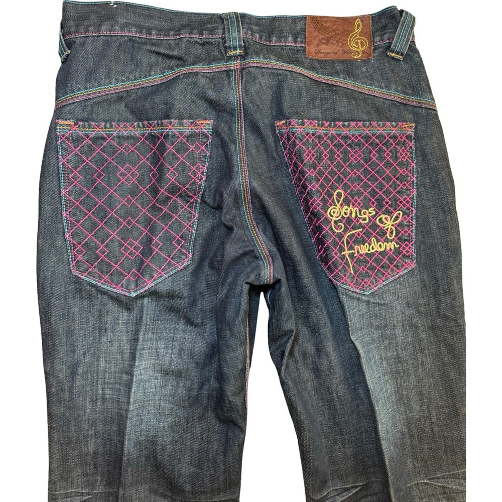 Songs of Freedom Straight Jeans Mens 32 Dark Wash Rainbow Stitch Embroidered SOF - Picture 10 of 11